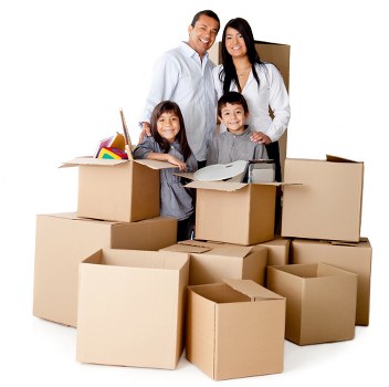 Packed office furniture and equipment ready for transport